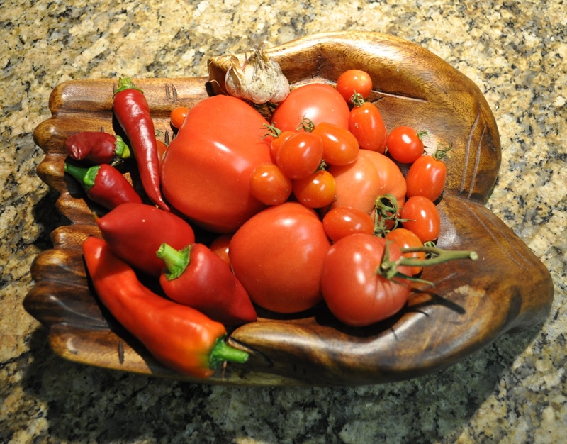 Peperoni und nachgereifte Tomaten gibt es als Rohkostbeilage. Zu Spaghetti schmeckt eine italiensiche Aglio und Oilo-Sauce.